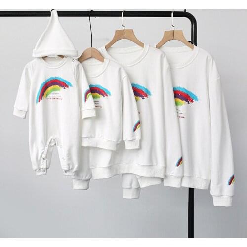 Family Long-sleeve Sweatshirt for Adult Newborn Baby Kids Tops Romper Mother Daughter Rainbow Print Matching Clothes Outfits