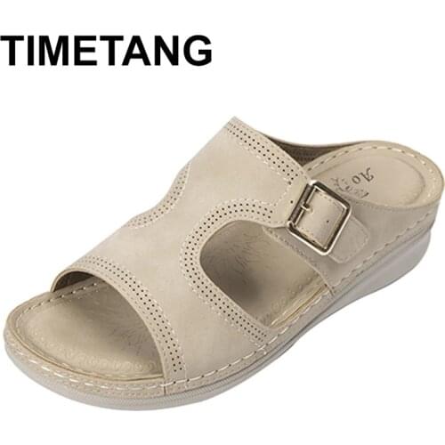 TIMETANG Women Slippers Summer PU Solid Elegant Retro Buckle Sandals Outdoor Beach Slides Sewing Platform Wedges Female Ladies