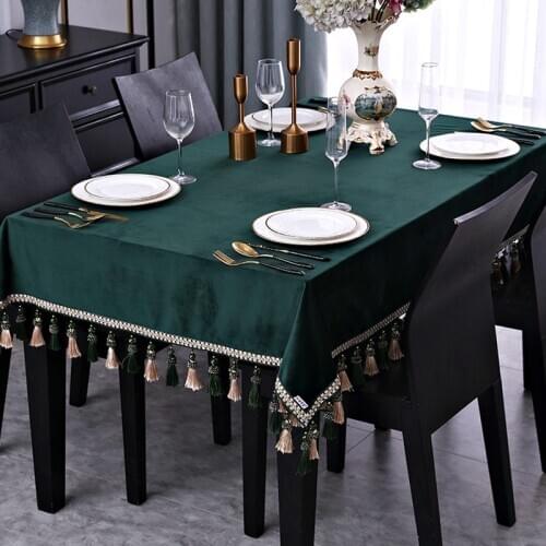 Vintage Solid Green Rectangular Tablecloth for Table Velvet Dining Party Square Table Cover Tassel Soft Blue Brief Table Cloth