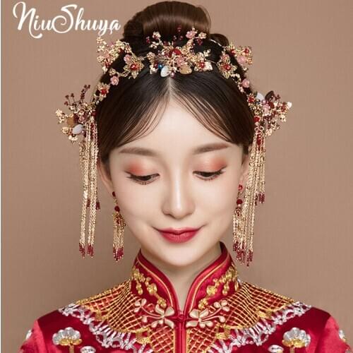 NiuShuya Vintage Retro Chinese Bridal Hairpins Red Beaded Gold Headdress Comstume Hanfu Wedding Hair Accessories Jewelries
