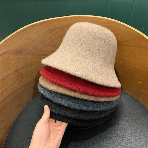 Autumn Winter Women Wool Bucket Hat 6 Colors Solid Dome Top Floppy Fishing Hats England All Match Caps Street Harajuku 56-58cm