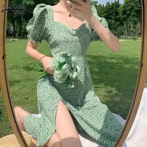 French Summer Floral Bohemia Dress Women Square Collar Floral Dress Slim Split Long Dress Sexy Elegant Beach Boho Dress 14548