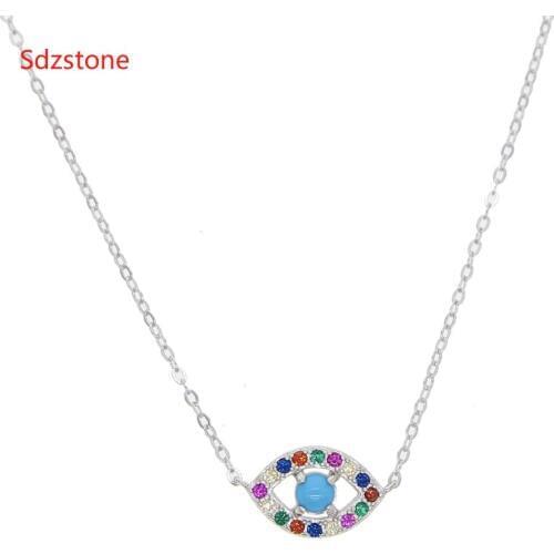 Genuine 925 Sterling Silver Necklace Turkey Blue Stone Round Evil Eye Necklaces AAA CZ For Women Link Chain Jewelry