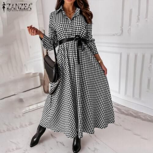 ZANZEA Plaid Print Lapel Robe Holiday Female Belted Dresses Spring Autumn Office Lady Vestido Womens Vintage Maxi Dress Oversize