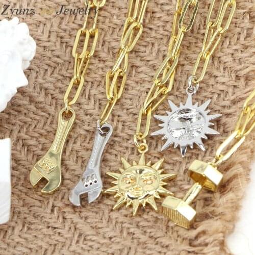 10PCS, Punk Style Axe Charms Pendant Necklace, Dumbell charms, Sun Pendant Thin Link Chain Necklace Women Men Unisex Jewelry