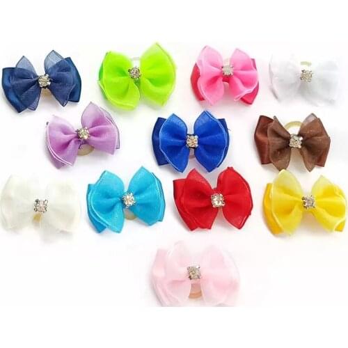 100PC/Lot Bling Rhinestone Dog Grooming Bows Gauze Pet Dog Accessories Small Dog Hair Bows Rubber Bands