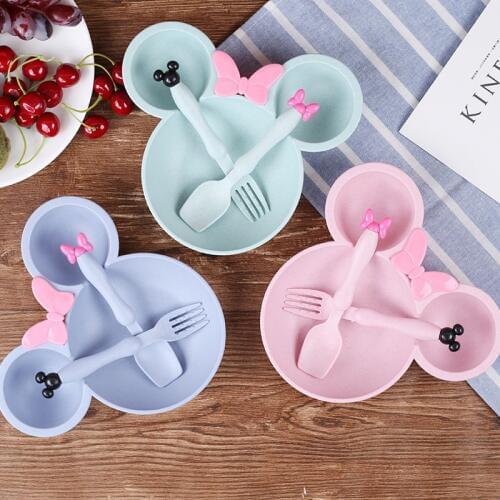 3Pcs/Set Baby Food Storage Bamboo Tableware Solid Cute Dishes Baby Kids Plate Bowl Eco-friendly Children Training Dinnerware Set