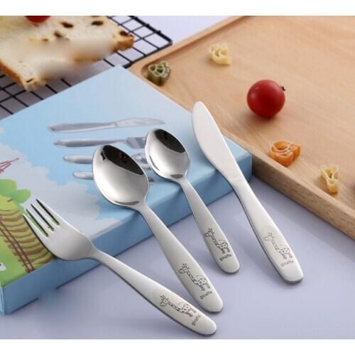 4PCS/pack 304 Stainless Steel Kids Cutlery Cartoon Pattern Carving Children Tableware Western-style Spoon Fork Set Baby Flatware