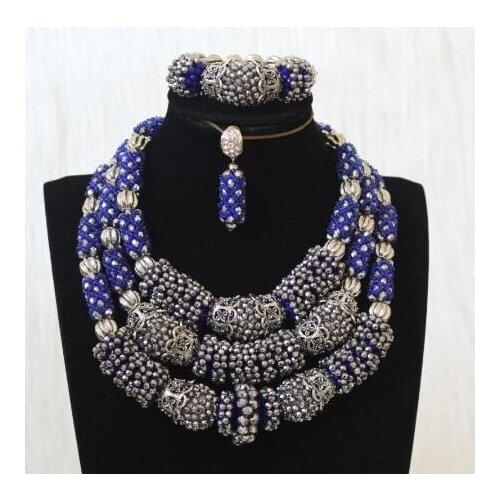 4UJewelry Nigerian Beads Necklace Jewelry Set Royal Blue and Silver Balls African Bridal Beads Set