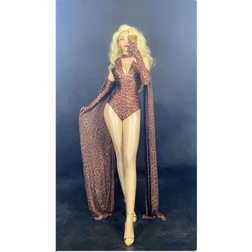 Leopard Pattern Hollow Bodysuit Gloves Shawl Large Stretch Printed Dance Bodysuit DJ DS Nightclub Women Dancer Bar Outfit Set