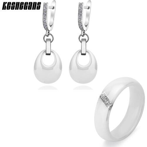 Fashion Wedding Party Jewelry Set Water Drop Earrings & Crystal Ring Steel Black White Ceramic Accessories Bijoux For Women Girl