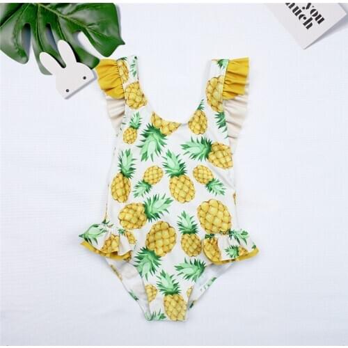Cute Girls One Piece Swimsuit Pineapple Print Flying Sleeve O Neck Swimsuit With Bow Kids Swimwear Girls Bathing Suit