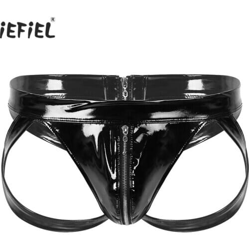 Gay Mens Underwear Wet Look Latex Panties Hollow Out Exotic Lingerie Brazilian Sexy Panties Zipper Open Crotch Briefs Jockstrap