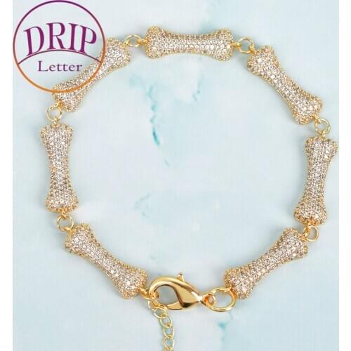 5mm Dog Bone Mens Hip Hop Gold Color Bracelet Chain Zircon Copper Link Fashion Rock Jewelry