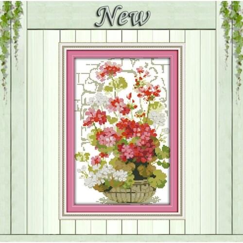 The pink geranium flowers basket diy painting Counted print on fabric Cross Stitch Needlework kits DMC 14CT 11CT Embroidery Sets