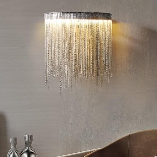 Wall Lamp Bedroom Bedside Wall Sconce Lamp Simple Creative Living Room TV Decor LED Silver Tassel Chain Wall Light