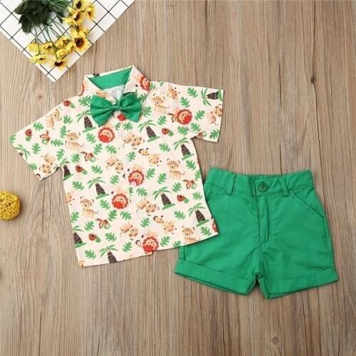 Toddler Kids Baby Boys Clothes turn-down collar bow short sleeve Cute Lions print Tops solid pocket Button Shorts 2pc outfits