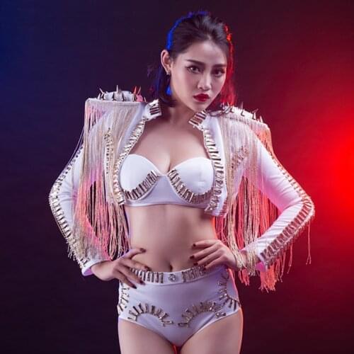 Sexy White Metal Tassel Jazz Dance Costume Female Singer Nightclub DJ DS Stage Costume Hip Hop Holographic Dance Clothes DWY4327