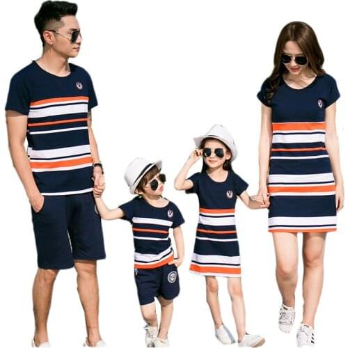Mother And Daughter Dresses Family Matching Outfits summer Striped T-shirt +pants Outfits for Father Son Baby Boy Girl