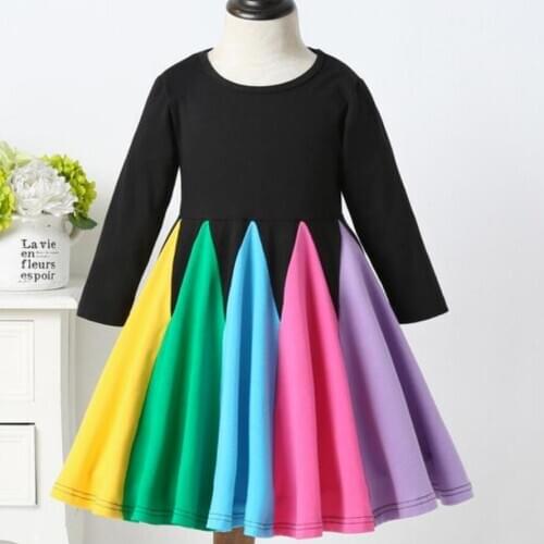 Baby Girls Rainbow Dress Kids Cotton Long Sleeve Dresses Autumn Striped Casuual patchwork pleated dress