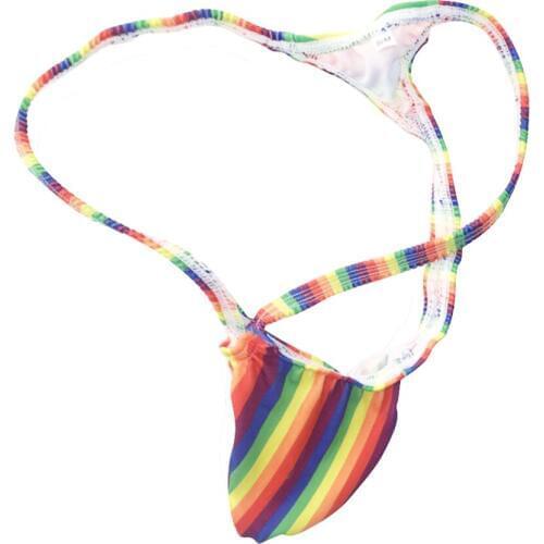 Mens sexy Thong Bulge Pouch g string Rainbow Stripes prints stretchy swim fabric gay Mens underwear Penis pouch jockstrap