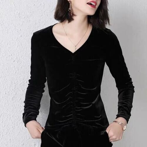 M-8XL plus size Spring Pleated Drawstring velour blouse tops Brand Autunm sexy v-neck elegant velvet shirts office lady shirts