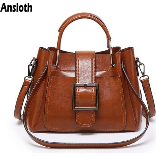 Ansloth Vintage Oil Wax Leather Shoulder Bags For Women Luxury Trendy High Capacity Female Handbags Solid Color Bag Lady HPS1021
