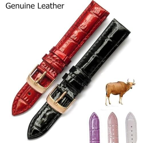 Bright Glossy Quality Watch Accessories Women Girls Watchbands Genuine Leather Strap Watch Band 12-20mm Silver Rose Gold Buckle