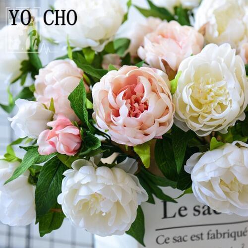 YO CHO 3 Branches Artificial Big Peonies Flowers Silk Fake Flores For Wedding Home Party New Year Decorative 3 Big Heads Flowers