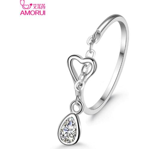 AMORUI Water Drop Shaped Zircon Love Heart Rings For Women Stainless Steel Silver Color Rings Figure Jewelry Wedding Party Gift