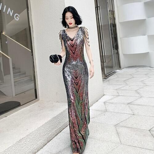 Evening Dress 2020 New Banquet Elegant High-end Prom Dress Shinning Sequins Mermaid Party Dress Sexy V-neck Robe De Soiree