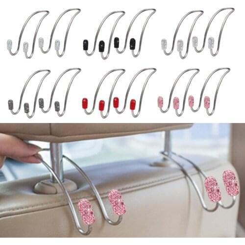 2pcs Universal Car Back Seat Hanger Stainless Steel Rhinstone Car Headrest Hooks Bag Clothes Umbrella Hanging Hooks Car Storage