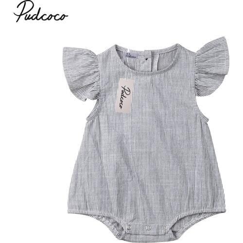 2019 Brand New Newborn Infant Kids Baby Girl Boy Romper Petal Sleeveless Striped Cotton Jumpsuit Playsuit Summer Clothes 0-18M