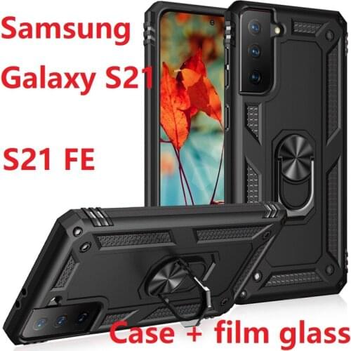 Armor For Samsung Galaxy S21 FE Hard Case Tempered glass Car Holder Stand Magnetic Ring Silicon Cover