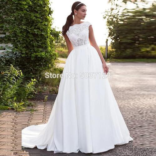 Satin Cap Sleeves A Line Wedding Dress Lace Sleeveless Appliques O Neck Bridal Gown Vestido De Noiva Court Train Backless