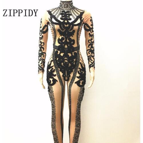 Shining Black Crystals Jumpsuit Nigthclub Performance Outfit Party Celebrate Glisten Rhinestones Costume Bodysuit Stage Rompers