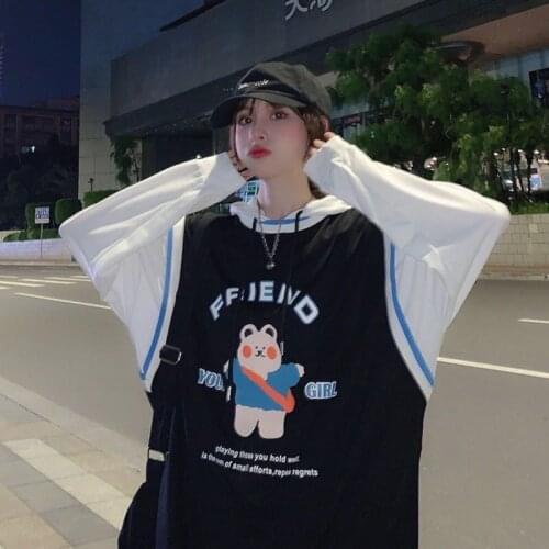 Fake Two Piece Hooded Long Sleeve Lovely Women 2020 Spring Autumn New Korean Loose Clothing Net Red Cartoon Print Top Fashion