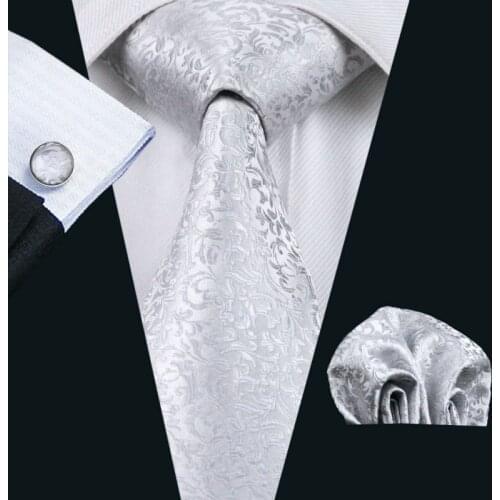 Men`s Tie Silver Novelty Jacquard Woven 100% Silk Brand Tie Hanky Cufflinks Set For Wedding Business Party Free Postage LS-1126