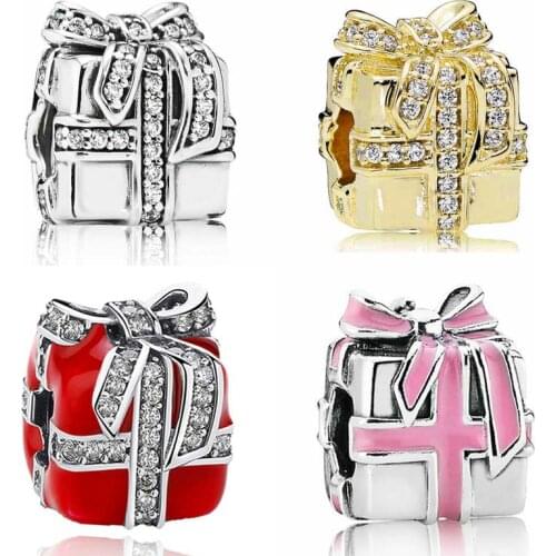 Red & Pink Enamel Sparkling Surprise Gift Box With Crystal Beads 925 Sterling Silver Charm Fit Pandora Bracelet Diy Jewelry