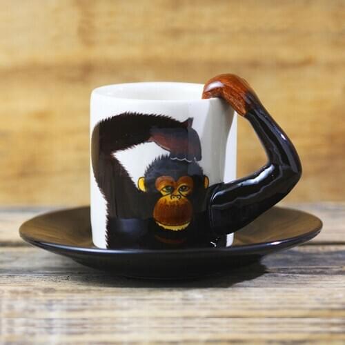 Creative animal coffee cup saucer espresso coffee cup chimpanzee ceramic mug hand drawn cartoon espresso coffee cup saucer