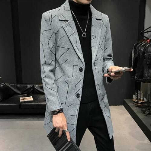 2021 Male Slim Fit Windproof Trench Mens Trenchcoat Fashion Printed Geometry Woolen Korean Streetwear Dust Coat Autumn Winter
