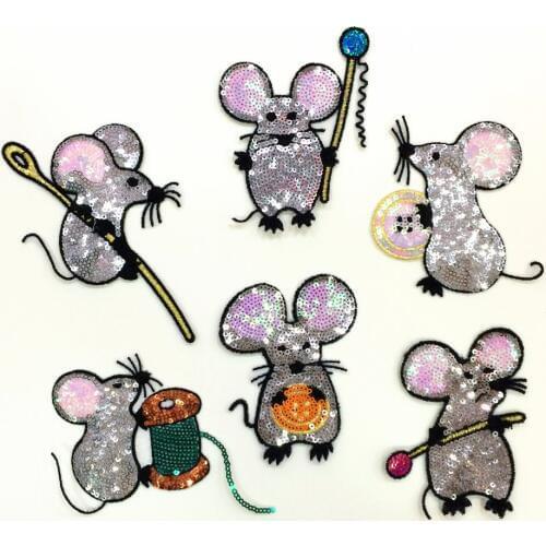 Set of 6 Cute mouse sequins patches vintage embroidered applique T-shirt coat patch sewing garment accessories Diy decoration