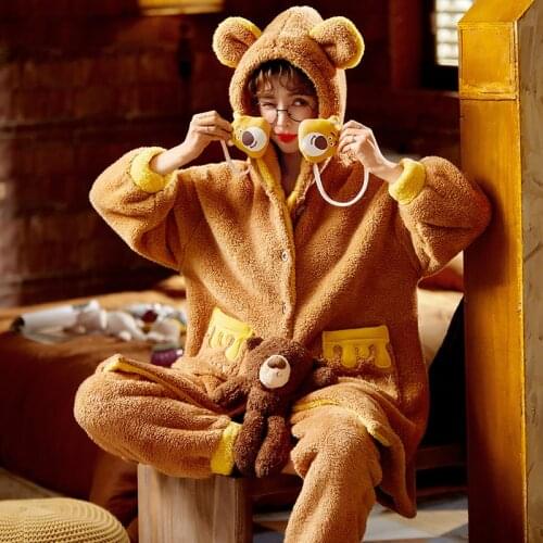 Coral Fleece Night-Robe Pyjama Bottoms Bundle Pajamas Women Sleepwear Winter Pajamas Loose Version Inspissate Nightgown Sherpa