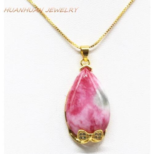 16x30mm Stone Pendant For Women Natural Jades Waterdrop Chalcedony Gold-Color Stainless Steel Chain Necklace & Pendants B3337