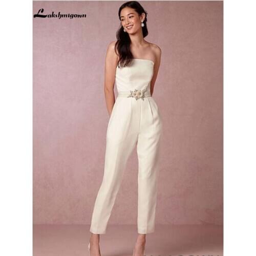 Stain Bridal Jumpsuit wedding dress 2020 Modest Beaded Crystal Belt Beach Country Wedding Dress robe du mariage