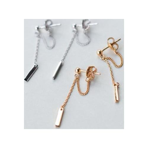 Real. 925 Sterling Silver fine jewelry Straight Bar Chain Piercing ear earrings Pull Through Earrings Tassel Bohi