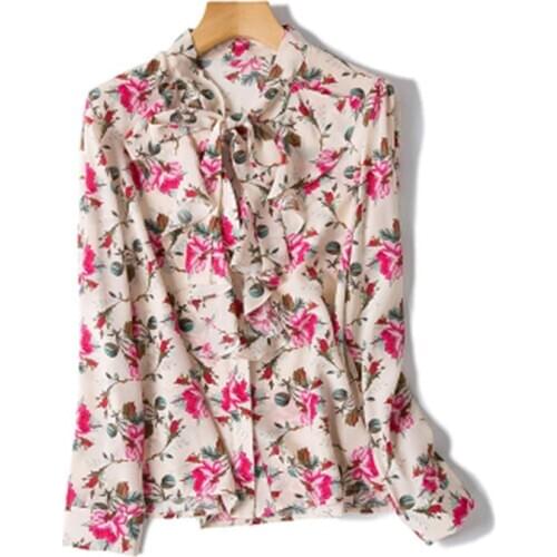 100%silk women sweet printed shirt full sleeve single breasted stand knotted collar multicolor S/L