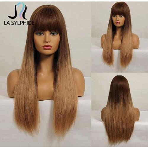 La Sylphide Synthetic Wig Long Straight Root Dark Brown Ombre Brown Blonde Wigs with Bangs for White Black Woman Daily Party Use
