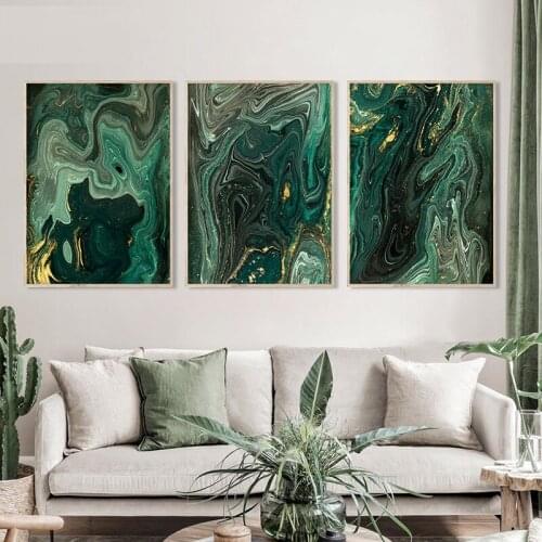 Nordic Home Decoration Abstract Painting Golden Emerald Green Marble Flow Poster Canvas Wall Art Print Living Room Sofa Mural