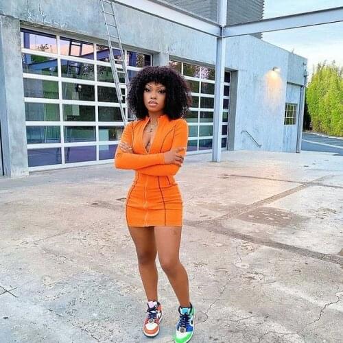 Spring Dress Solid Color Printed Zipper Dress Long Sleeve Stand Collar Mid-waist Pencil Skirt Temperament Communte Streetwear